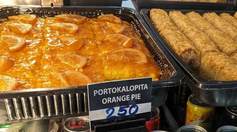 Trays of portokalopita orange pie and filo pastry rolls